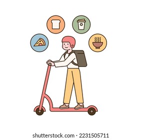 A delivery man is carrying a food box and riding a kick scooter to deliver. flat vector illustration.