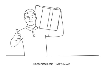 Zustellung Mann mit der Post-Paket und zeigen gute Geste. Illustration zur Vektorillustration der Linienzeichnung.