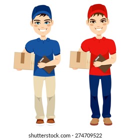 Delivery man carrying mail package and holding portfolio on two different version