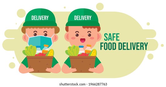 Delivery man carrying package box of grocery food and drink from store cartoon art illustration