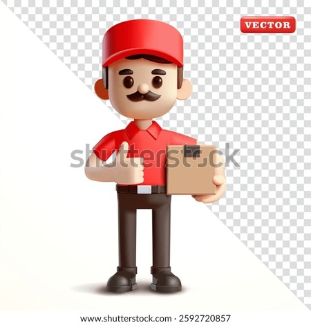 Delivery man carrying package with finger like symbol, 3d vector. Suitable for business and design elements