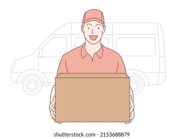 The delivery man was carrying a parcel box for delivery,isolated on white background,illustration