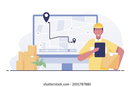 Delivery Man Carrying Parcels To GPS Map Laptop Screen Background.