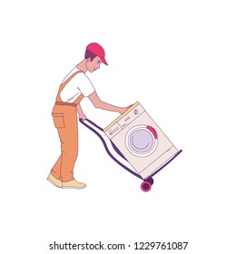 Delivery man carrying a track with washing machine. Appliance service.