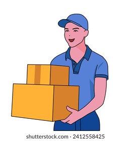  Un repartidor cargando dos cajas. Un mensajero manejando y entregando paquetes.