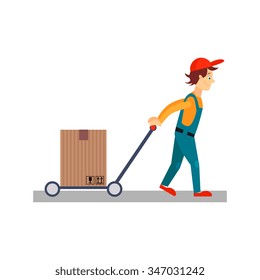 Delivery Man with a Cart Behind Him, Flat Vector Illustration 