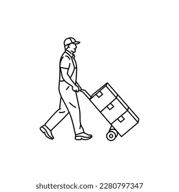 Delivery man with cart black line icon. Pictogram for web page, mobile app, promo.