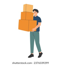 Delivery man. Cartoon character with cartons, box isolated on white background. Concept for online shop or e-shop, Delivery service. Vector flat illustration