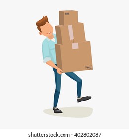 Delivery man. Cartoon character with cartons, box isolated on white background. Concept for online shop or e-shop, Delivery service. Vector flat illustration