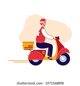 Delivery man cartoon character riding on motorbike, flat vector illustration isolated on white background. Fast delivery services courier is delivering purchase.