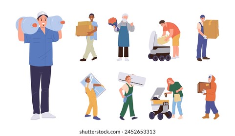 Delivery man cartoon characters isolated big set, people holding goods for shipment on white