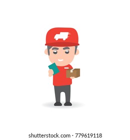 delivery man cartoon hand drawn hold the boxik hand.cute cartoon on white background