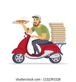 Delivery man - cartoon people characters isolated illustration on white background. An image of a cute cheerful boy wearing helmet with pizza boxes riding a red scooter. Food service concept