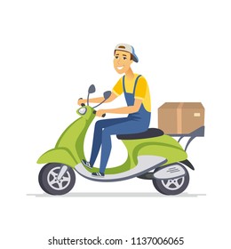 Delivery man - cartoon people characters isolated illustration on white background. An image of a cute cheerful boy wearing a cap with a box riding a green scooter. Service concept