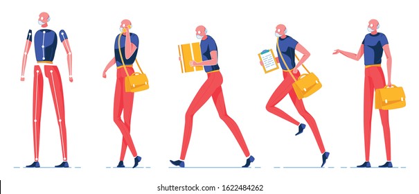 Delivery Man Character Constructor Flat Cartoon Vector Illustration. Old Person with Gray Hair Bringing Package or Parcels. Postman with Bag Full Letters. Walking with Box, Running with Document.
