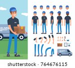 Delivery man  character constructor and objects for animation scene.  Set of various men's poses, faces, hands, legs. Flat style vector illustration isolated on white background.

