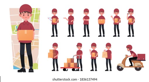 Delivery man character constructor and objects for animation scene. Set of various men's poses, faces, hands, legs. Flat style vector illustration isolated on white background.