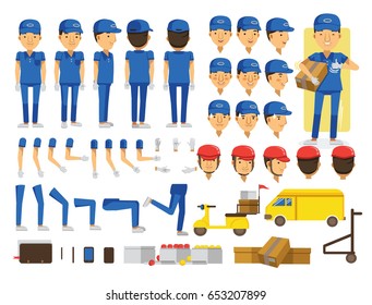 Delivery man character creation set.Icons with different types of faces and helmet style, emotions,front,rear,side view of male person.Moving arms,legs.Vector illustration Isolated on white background
