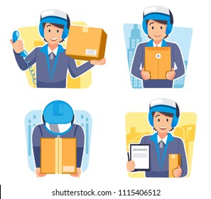 A delivery man character for introduction of shipping service company. General Situation of messenger and parcel.