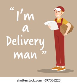 Delivery man character with package and order on brown background