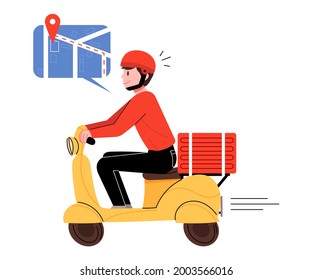 Delivery man character riding a scooter. Shipping concept vector illustration.
