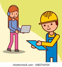 delivery man checking and operator woman holding laptop