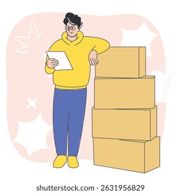 Delivery man checking parcel list with stacked boxes – flat design logistics and e-commerce illustration