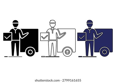 Delivery man with a checkmark on a package next to a delivery truck in black outline and blue
