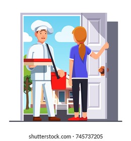 Delivery man in chef cook uniform & hat with shoulder bag on belt holding pizza delivery box in right hand delivered to customer woman house door. Flat vector illustration isolated on white background