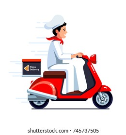 Delivery man in chef cook uniform & hat delivering pizza on retro scooter motor moped with trunk case box. Flat vector illustration isolated on white background.