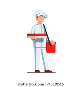 Delivery man in chef cook uniform & hat with shoulder bag on belt holding pizza delivery box in right hand. Flat style vector illustration isolated on white background.