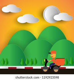 delivery man in the city with a mountain as a background present Transportation.