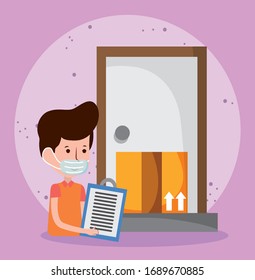 delivery man with clipboard and box at house.  Online ecommerce shopping vector illustration.  COVID-19 coronavirus concept.