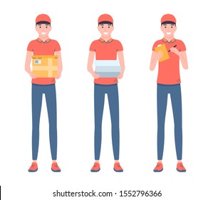 Delivery man collection. holding boxes and documents. Postal worker. Courier service. Pizza order. Characters with parcels packages. Isolated vector illustration in cartoon flat style.