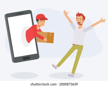 delivery man come out from smart phone and delivering package. Online shopping and delivery concept.Flat vector cartoon character illustration.