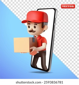 Delivery man comes out of smart phone screen and delivers parcel box, 3d vector. Suitable for business and design elements