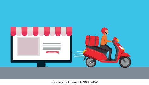 Delivery man from computer monitor, red scooter, fast delivery, online delivery vector illustration