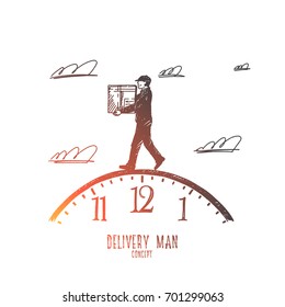 Delivery man concept. Hand drawn fast and reliable service, postal delivery courier man. Man holding carton box isolated vector illustration.