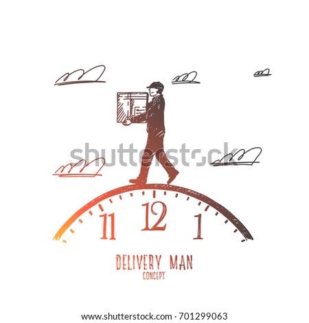 Delivery man concept. Hand drawn fast and reliable service, postal delivery courier man. Man holding carton box isolated vector illustration.