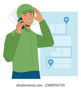 delivery man confused at map in flat illustration