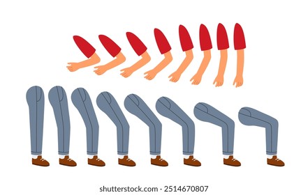 Delivery man constructor. Courier in uniform. Kit for customizations. Pack of feet, hands and legs. Logistics and transportation. Flat vector collection isolated on white background