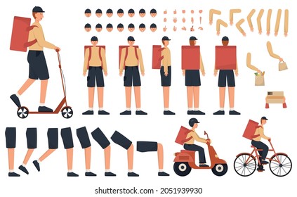 Delivery man constructor set. Young caucasian courier in uniform with a transportation, backpack or other packages. Express logistic of package to a customer. Vector flat illustration.