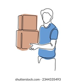 Delivery man continuous line colourful vector illustration