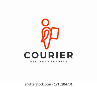 Delivery man courier with backpack logo design. Map point person delivery express vector design. Logistics and shipping logotype