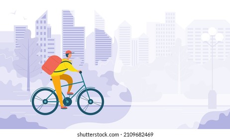 Delivery man courier with a backpack on a bicycle on the background of the urban landscape.Banner with copy space.Vector stock illustration. 