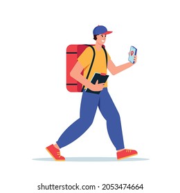 Delivery man or courier with big parcel box on back and mobile phone in hand. Fast Delivery concept.  Flat vector character illustration isolated on white background.