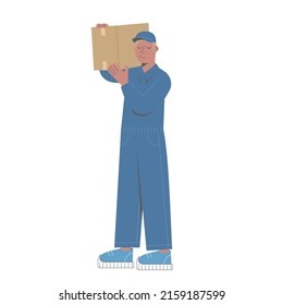 Delivery man courier in blue robe holding a box, man with package box. Transportation of packages, things. The concept of moving and delivery. Vector stock illustration isolated on white background.