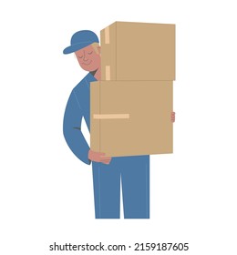 Delivery man courier in blue robe holding a boxes, man with package box. Transportation of packages, things. The concept of moving and delivery. Vector stock illustration isolated on white background.