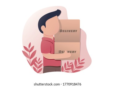 Delivery man, Courier with a box in his hand. Portrait from the waist up. Flat vector illustration