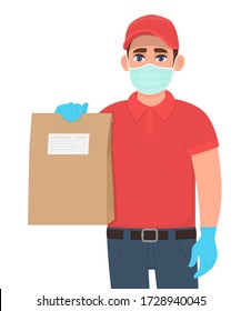 Delivery man or courier boy in safety medical mask, gloves holding parcel pack. Door delivery service during quarantine. Person carrying or giving paper bag. Corona virus epidemic outbreak. Vector